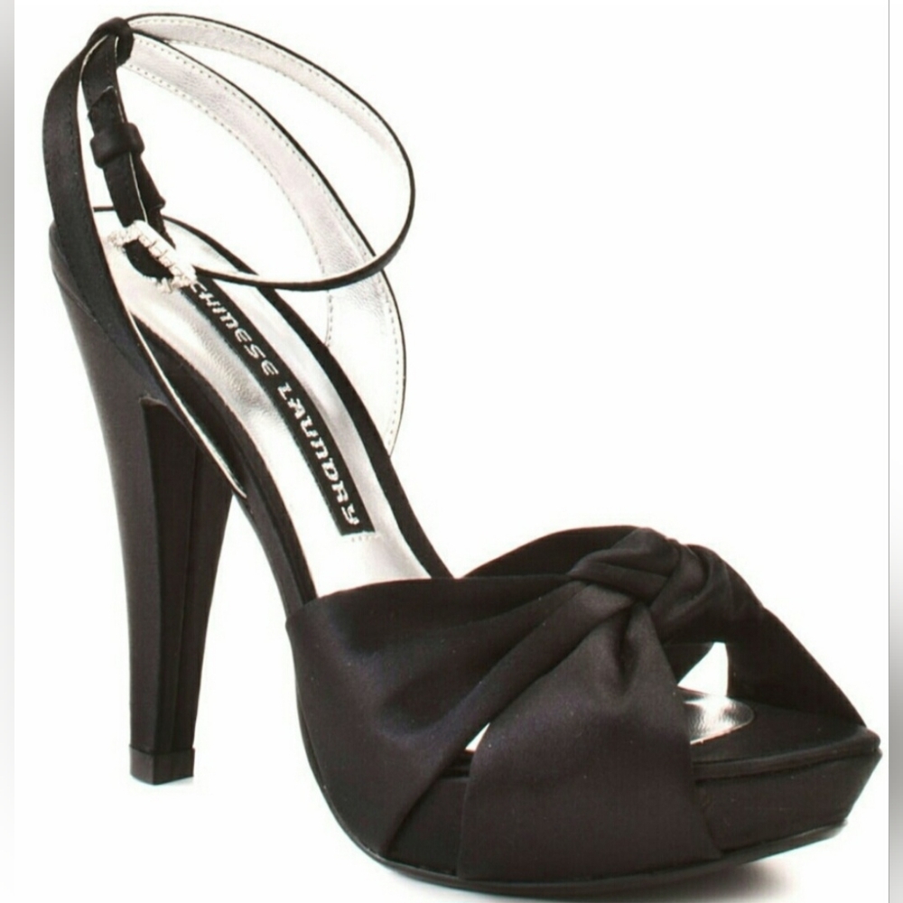 Black Satin Sandal Heel w/ Twisted Bow Design & Rhinestone Buckle- Size 9